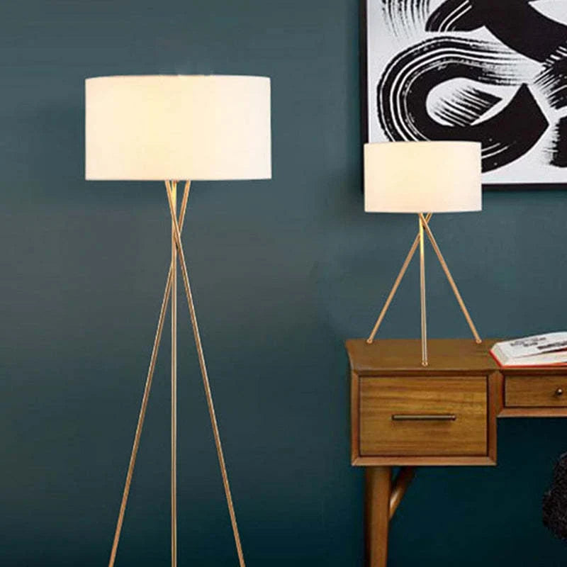 Lampadaire/Lampe Cylindrique Moderne Tissu, Pied Doré